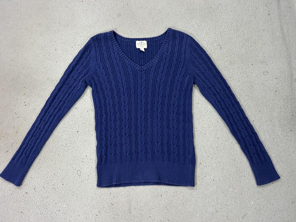St John's Bay Sweater Womens Medium Blue Cable Knit V Neck Pullover Ribbed